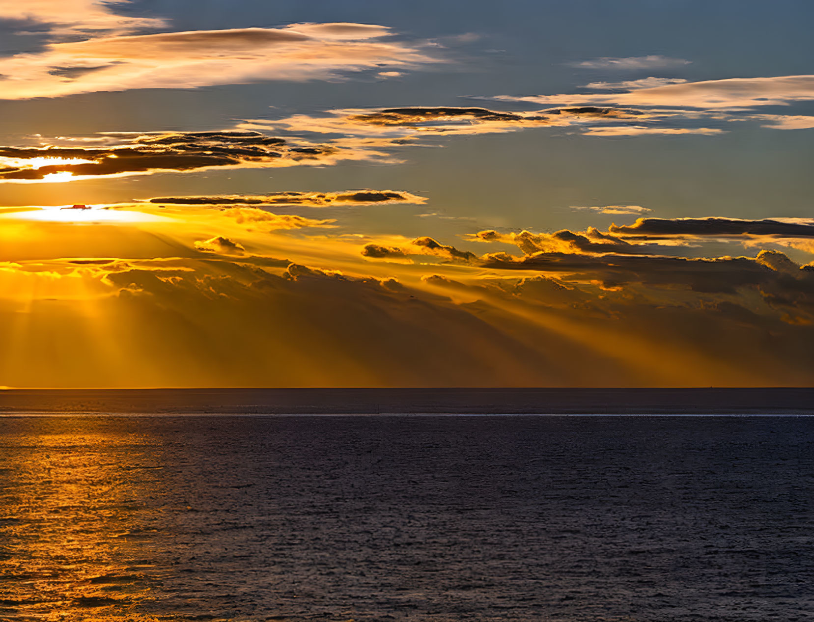 Vibrant sunset over ocean with sunbeams through clouds