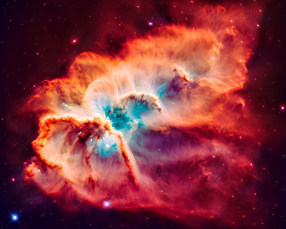 Colorful Swirling Nebula with Red, Orange, and Blue Hues