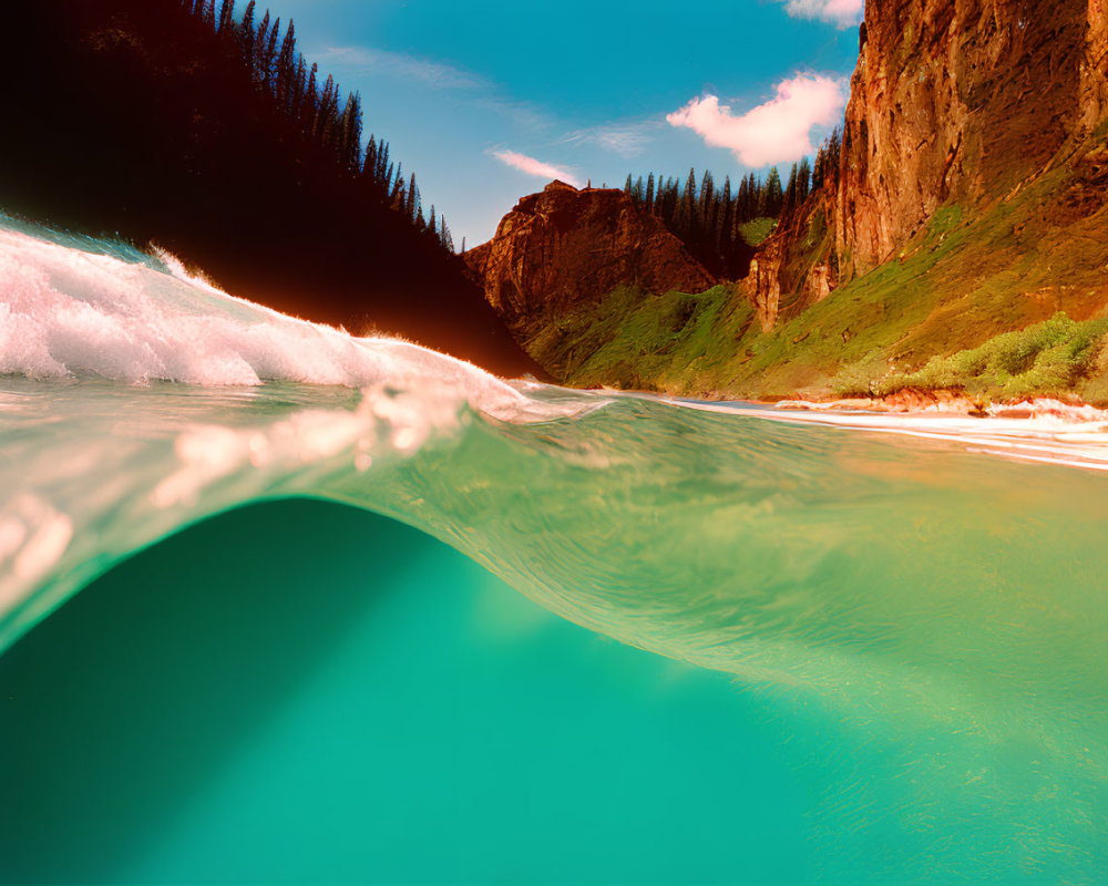 Scenic ocean wave cresting against sunny beach and cliffs