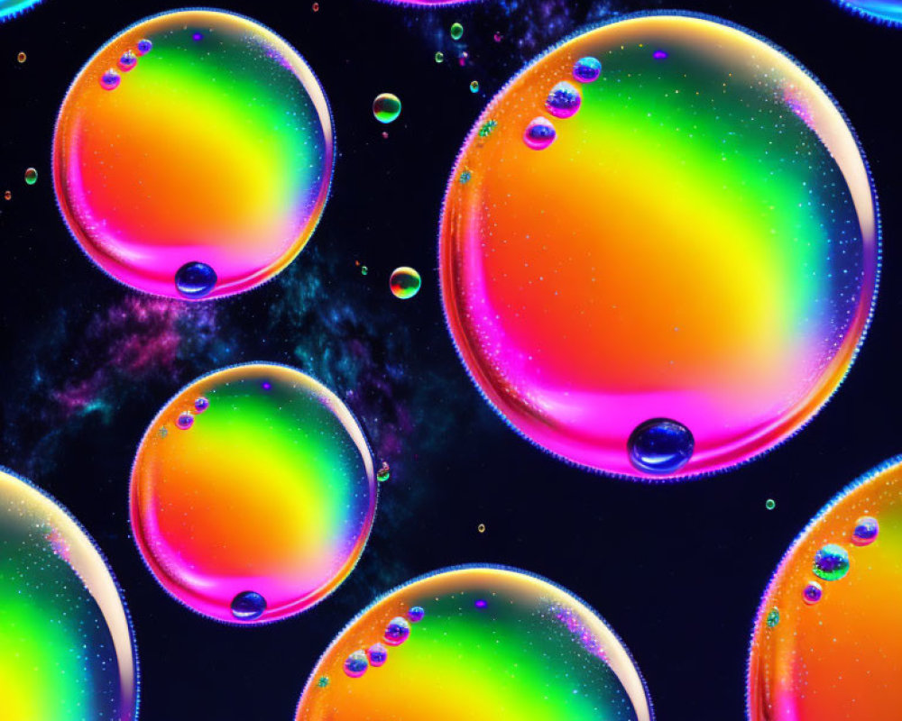 Vibrant soap bubbles on dark, speckled background