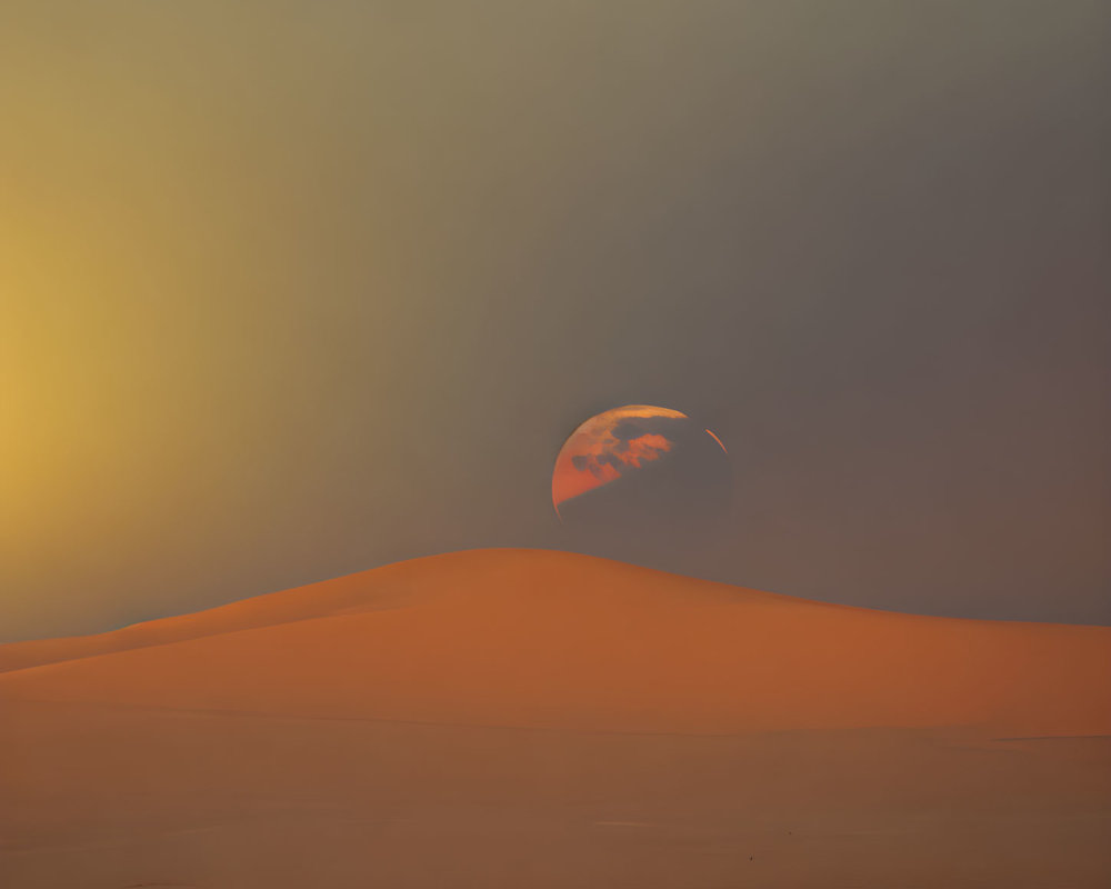 Tranquil desert sunset with orange-hued dune and setting sun