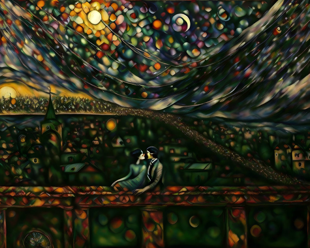 Stylized image: couple on balcony with swirling landscape inspired by "Starry Night