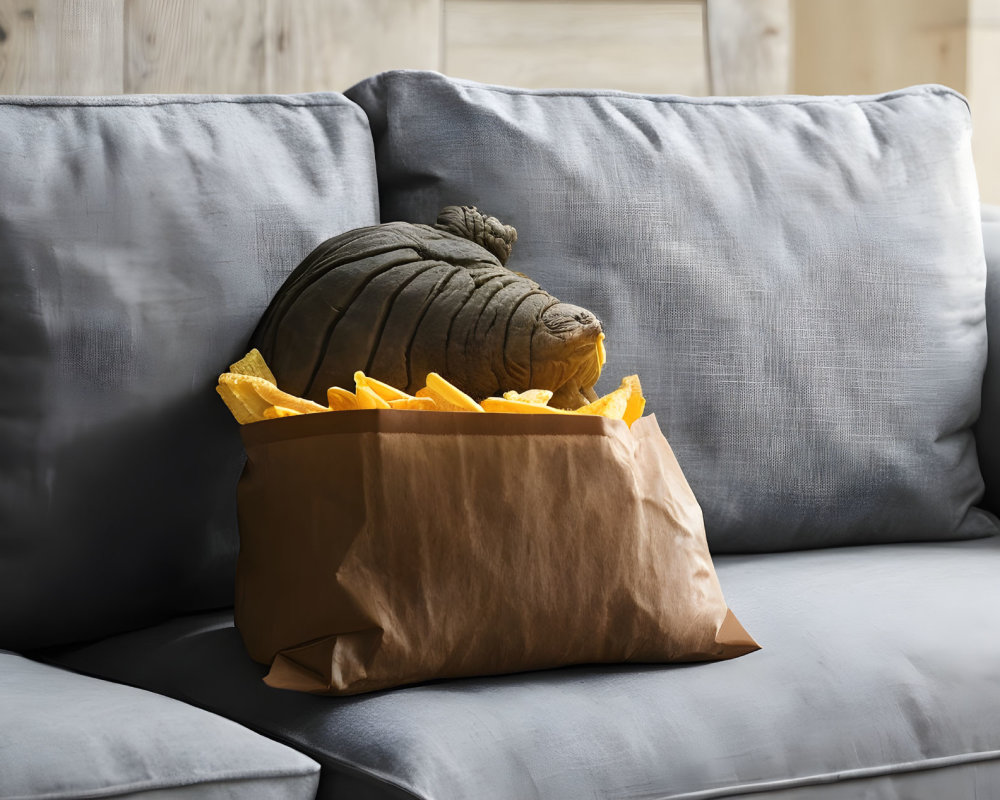 Plush Toy Fish on Yellow Nacho Chips on Gray Sofa