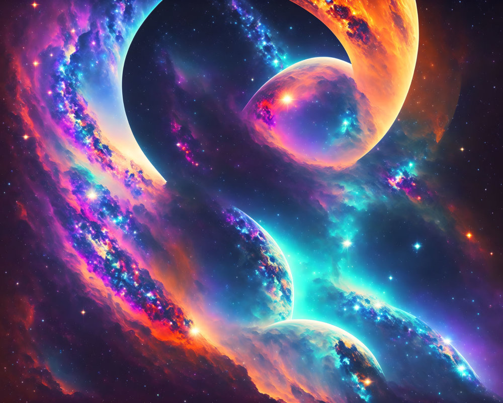 Colorful digital artwork of swirling celestial bodies against star-filled cosmic backdrop