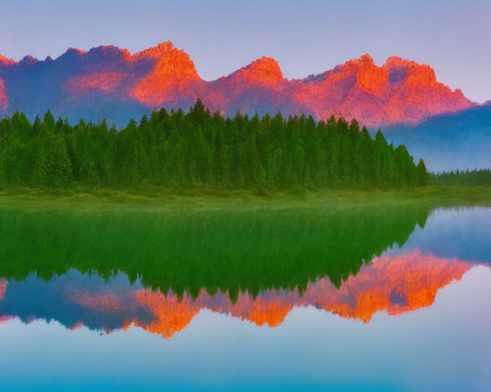 Tranquil Misty Lake Sunrise with Pink Mountain Peaks