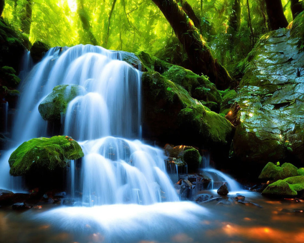 Tranquil waterfall in lush greenery with sunlight filtering through foliage