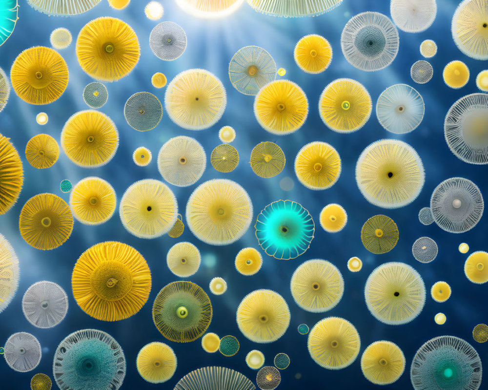 Abstract Colorful Circles on Blue Gradient Background: Microscopic View of Translucent Cell-like Shapes