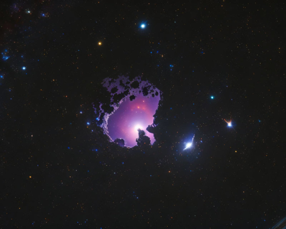 Colorful deep-space nebula with central bright region, stars, and equipment.