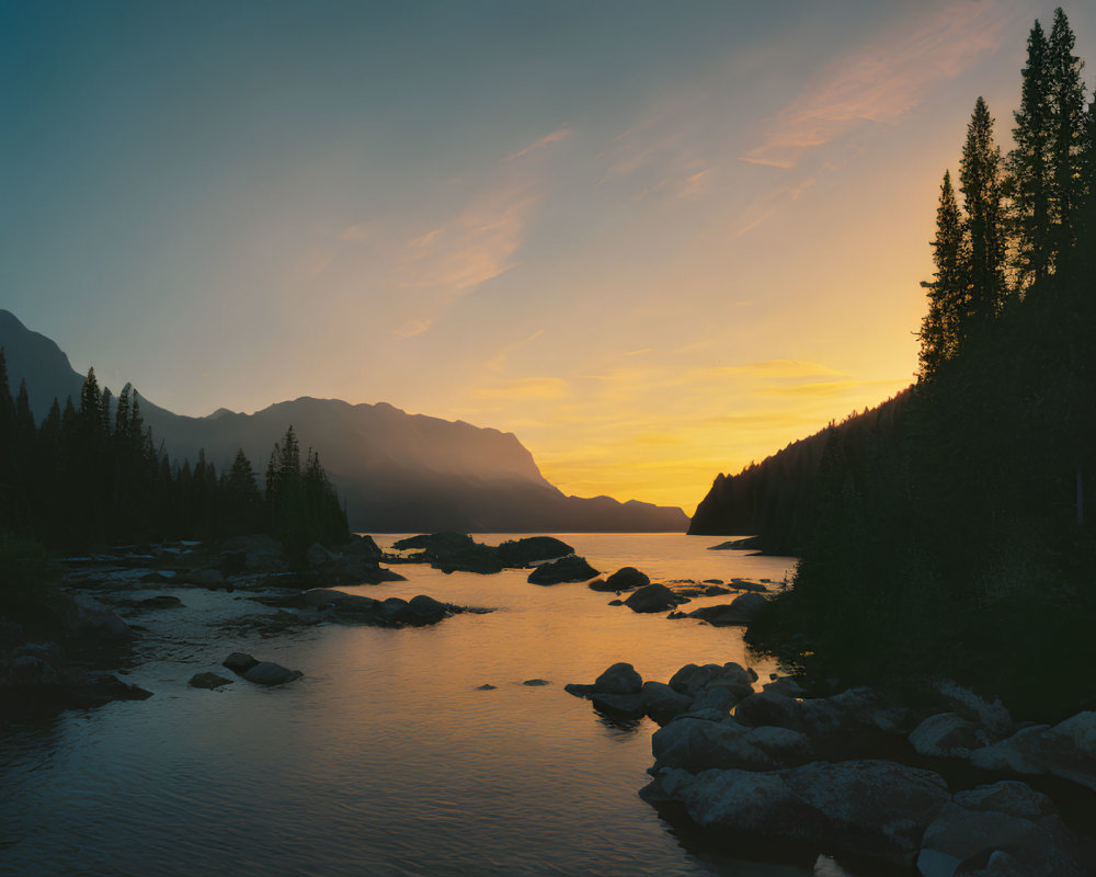 Scenic sunset over mountain landscape with forest and river.