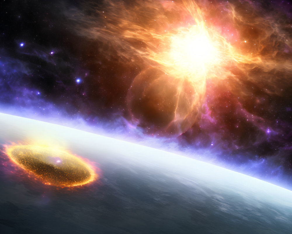 Vibrant Space Art: Supernova Explosion Approaching Planet