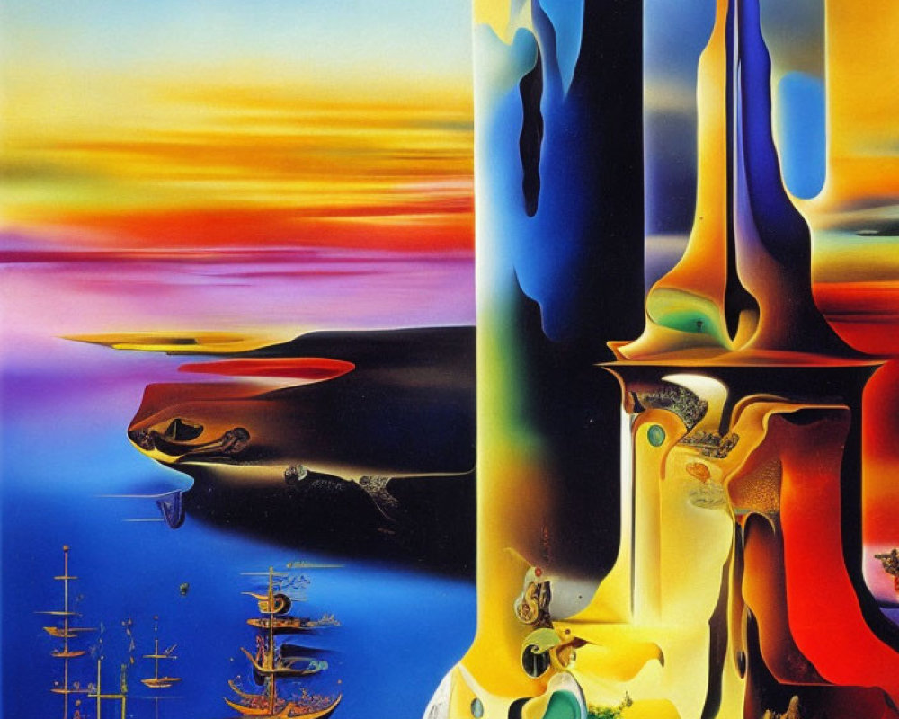 Surreal painting of melting structures, colorful skies, ships, and distorted elements