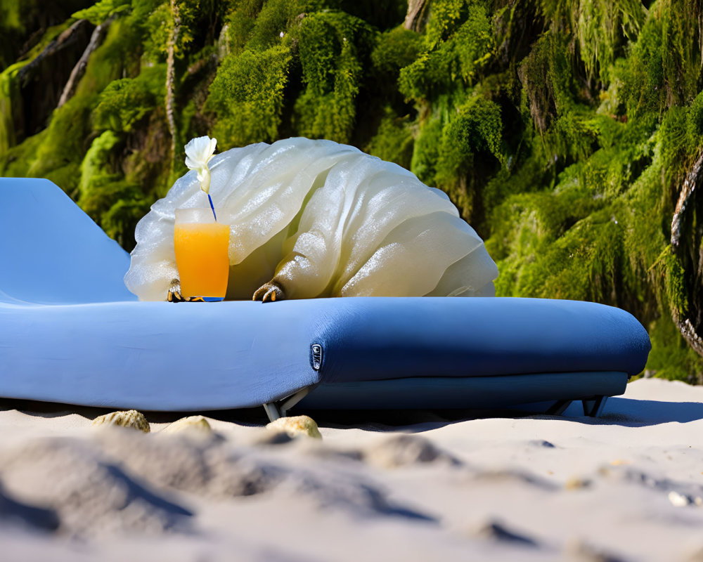 Sunny Beach Scene with Sunbed, Towel, and Orange Juice