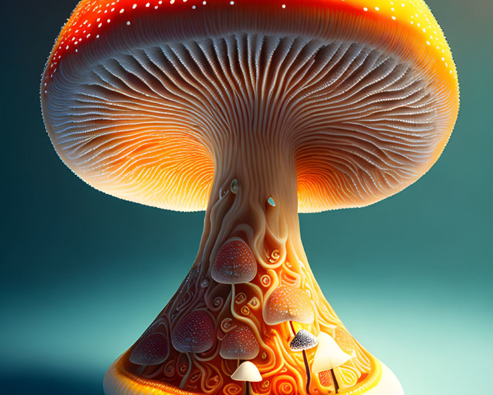 Detailed illustration of glowing mushroom with tiny house and pathway