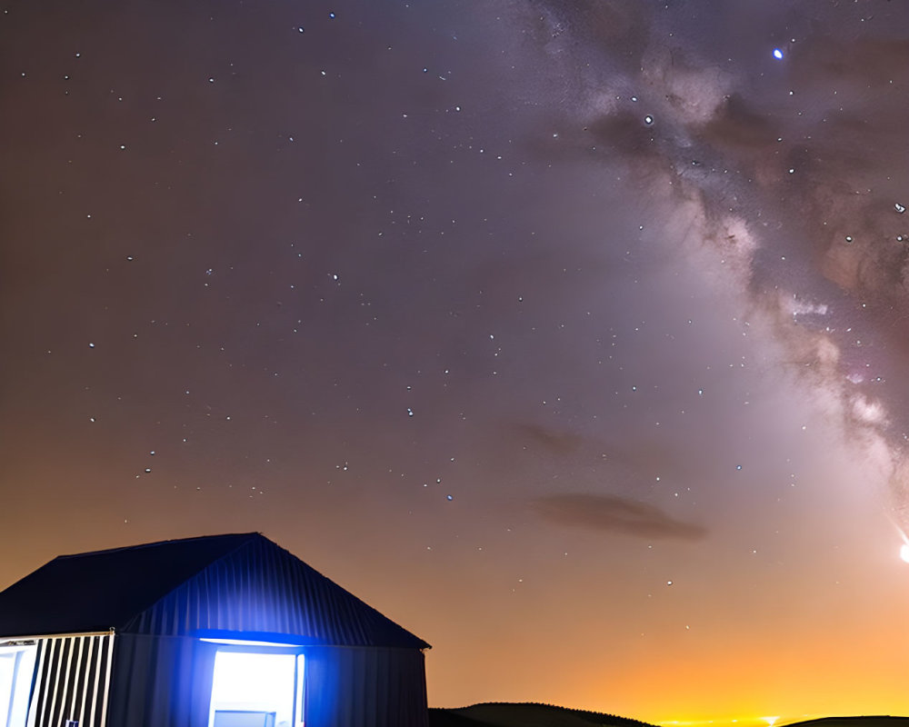 House under starry sky with Milky Way, lights on hills, warm horizon glow