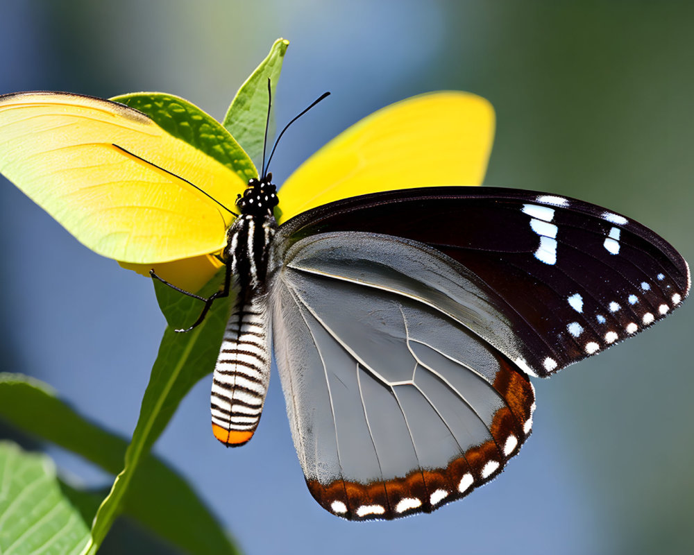 Vibrant yellow and black butterfly on green leaf against blurred blue background