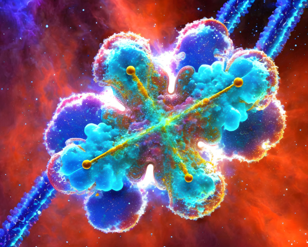 Colorful computer-generated molecule structure with neon blue and purple accents on golden rods.