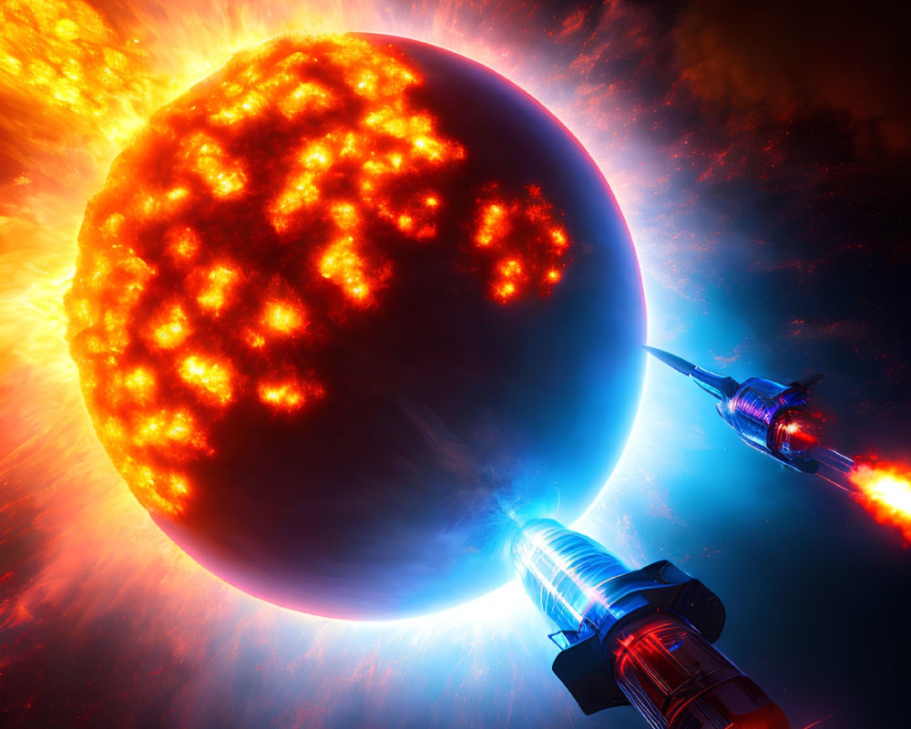 Sci-fi scene: Spaceships extracting resources from flaming asteroid near burning sun