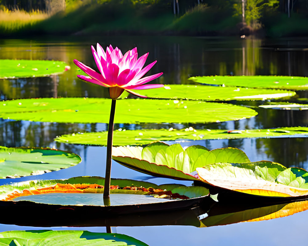 Pink water lily blooming on freshwater pond with green lily pads