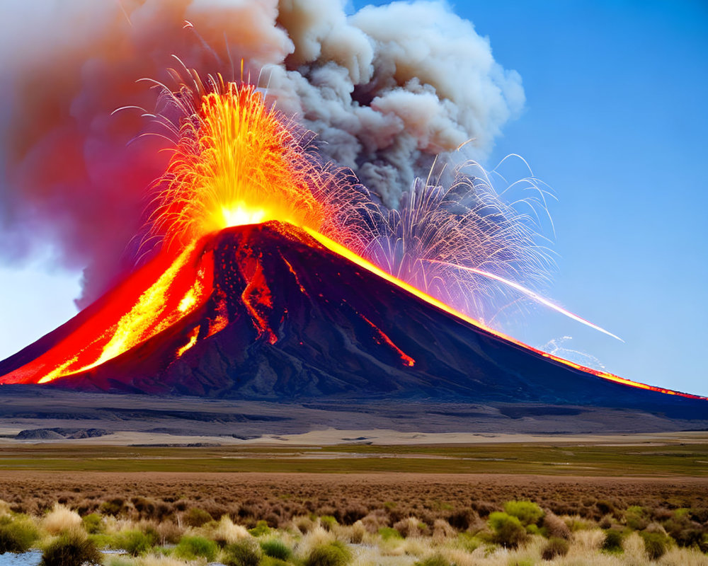 Volcano eruption spews fiery lava and ash under blue sky