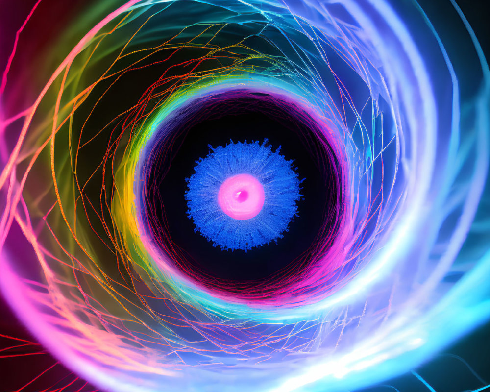 Colorful Abstract Digital Tunnel with Neon Lights in Blue, Pink, and Orange