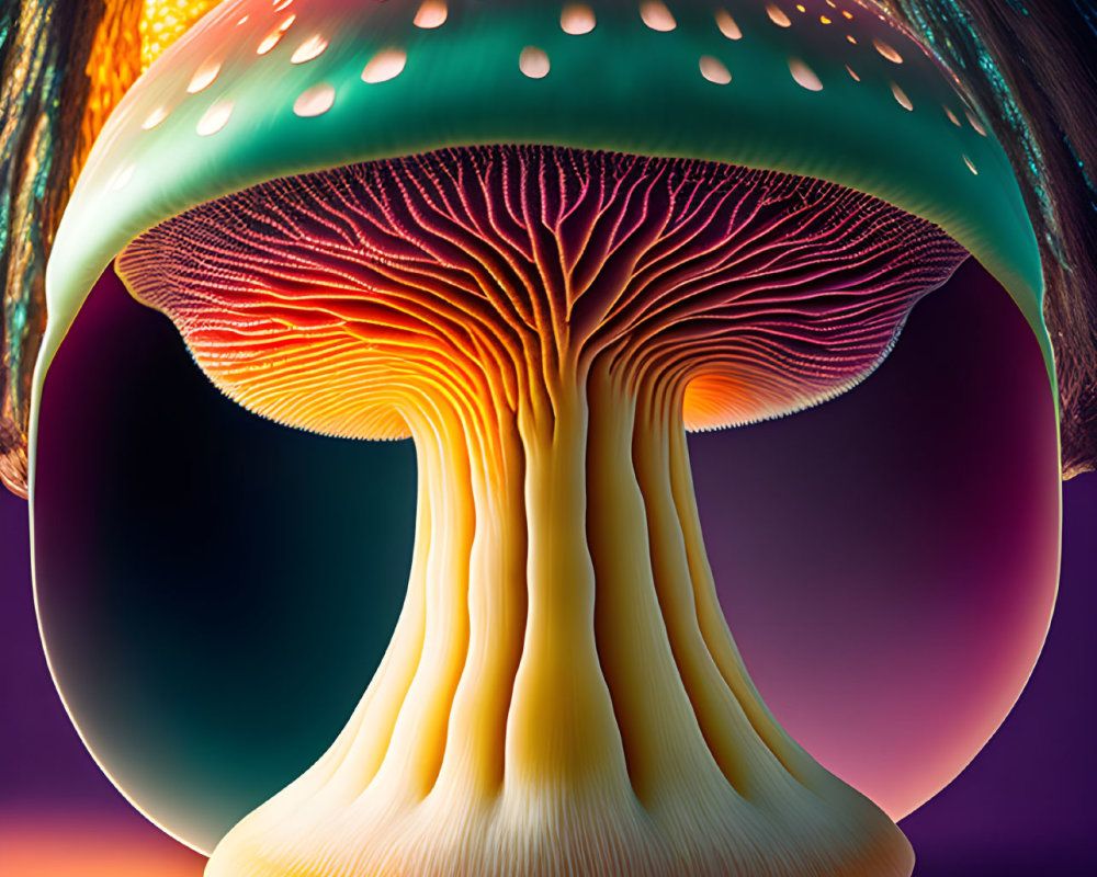 Colorful digital artwork of a luminous mushroom on purple background