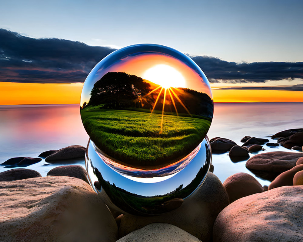 Crystal ball reflects sunset over green field and trees on rocky shore