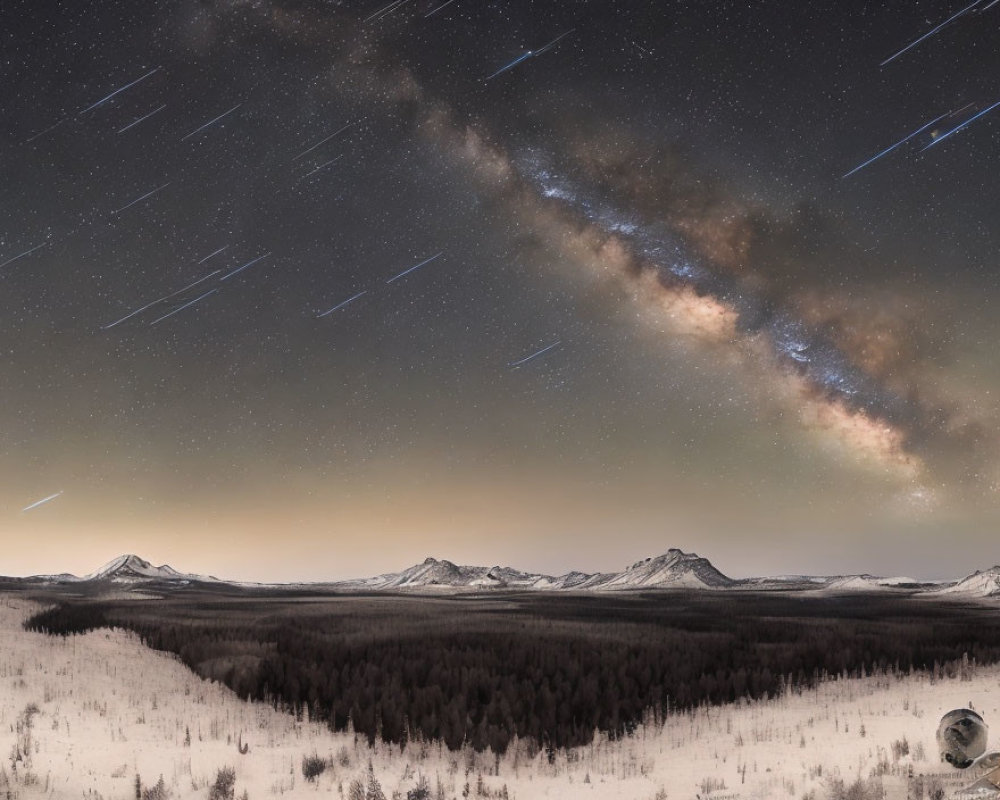 Starry Night Sky Over Snowy Forest Landscape