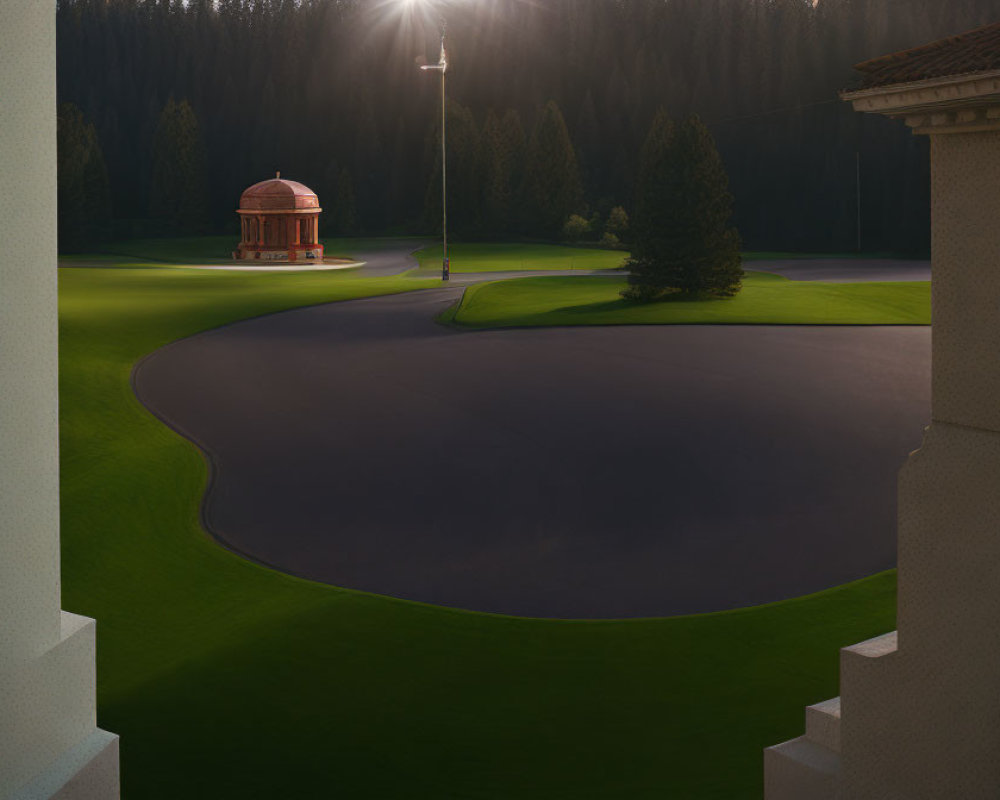 Tranquil golf course at dusk with gazebo, fairways, sand trap, and lampp