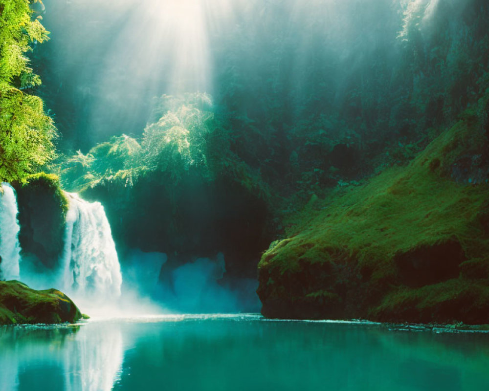 Tranquil waterfall with lush greenery and reflective blue water