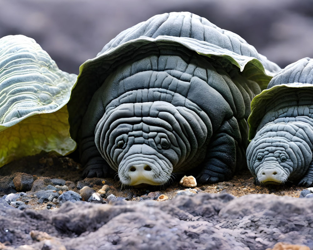 Textured Turtle Statues with Detailed Shell Designs on Rocky Ground Amid Green Plants