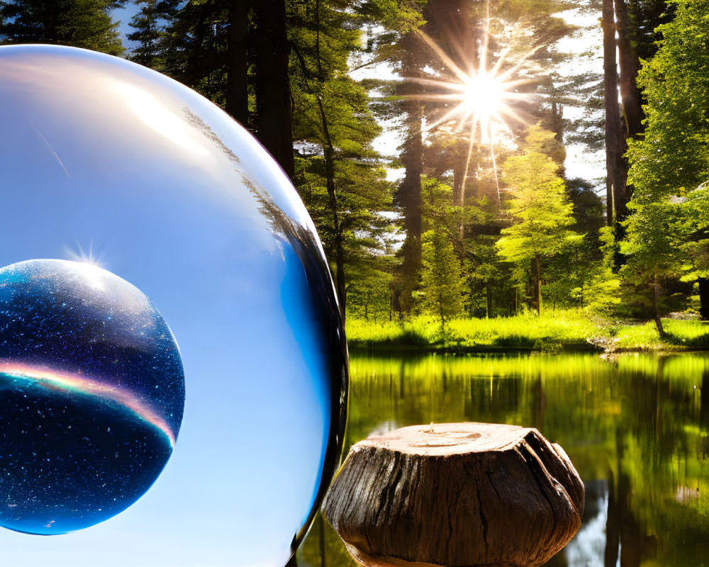 Reflective sphere on stump by tranquil lake in sunlit forest