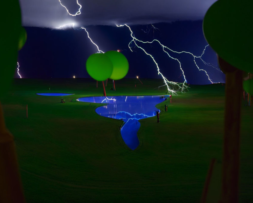 Nighttime Golf Course Scene with Lightning and Illuminated Trees and Pond