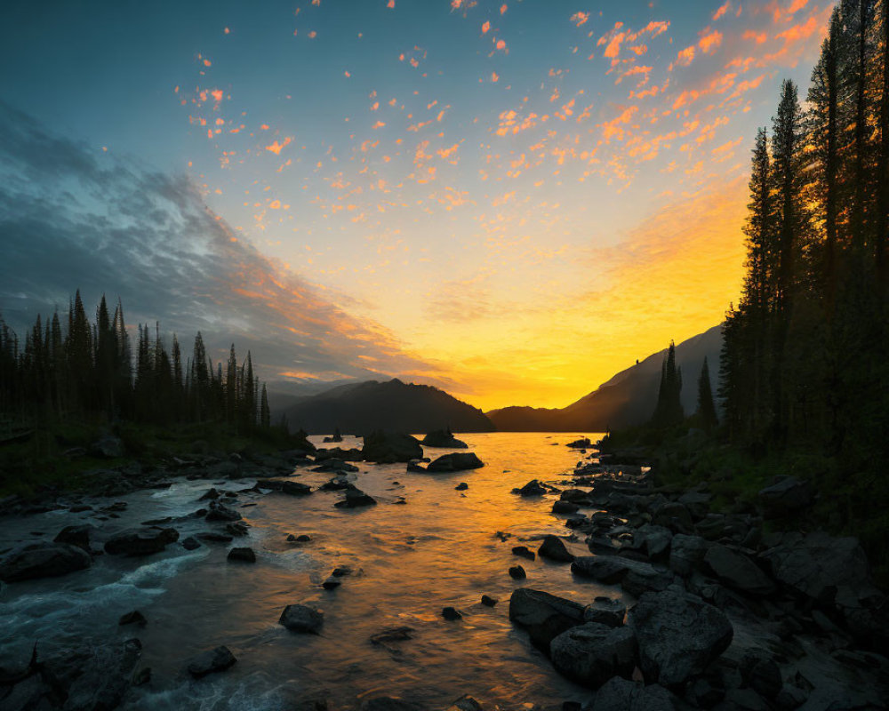 Tranquil sunset scene over river with trees and rocks