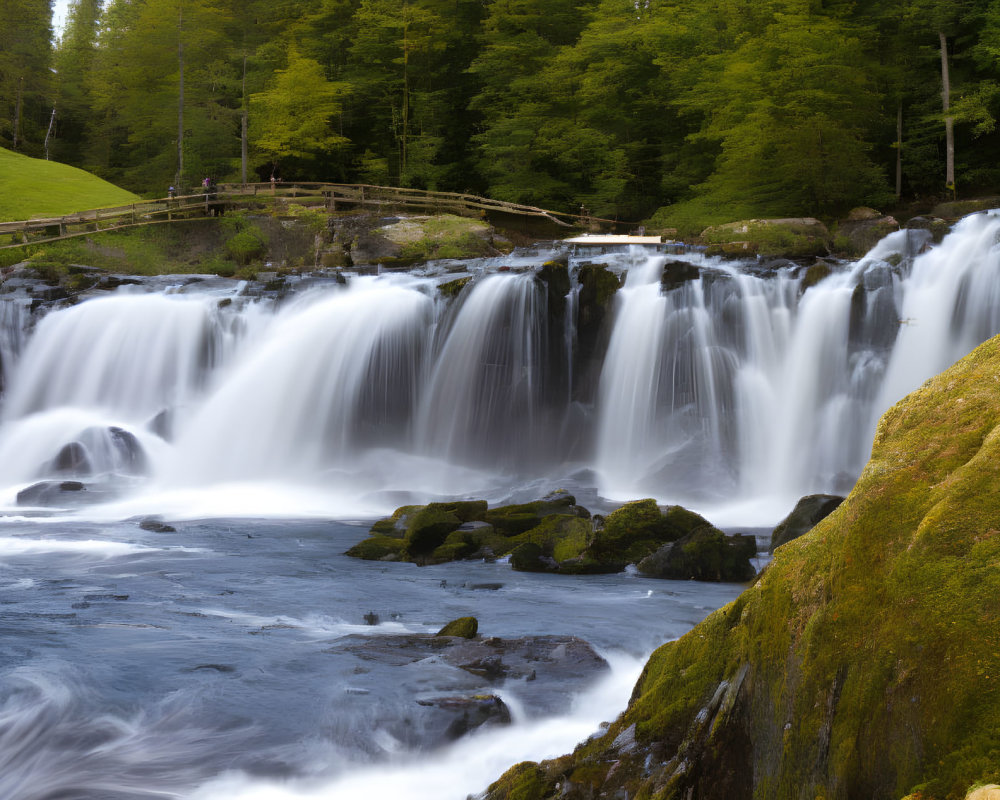 Multiple cascades waterfall surrounded by lush greenery & wooden bridge