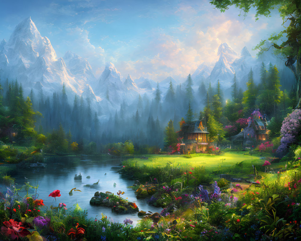 Tranquil lake, cozy cottage, vibrant flora, majestic mountains - serene landscape scene