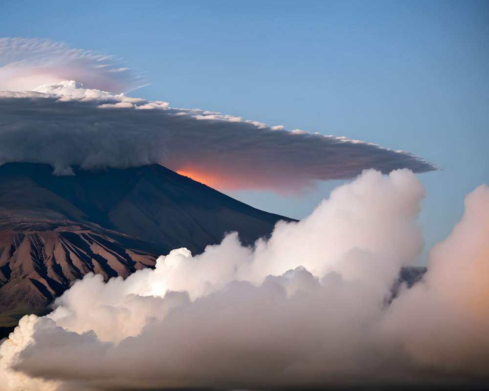 Majestic mountain peak with striking cloud formation at sunset