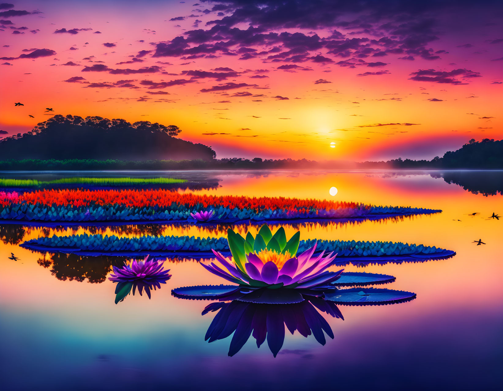 Vibrant sunrise scene with colorful water lilies, serene lake reflections, and lush trees.