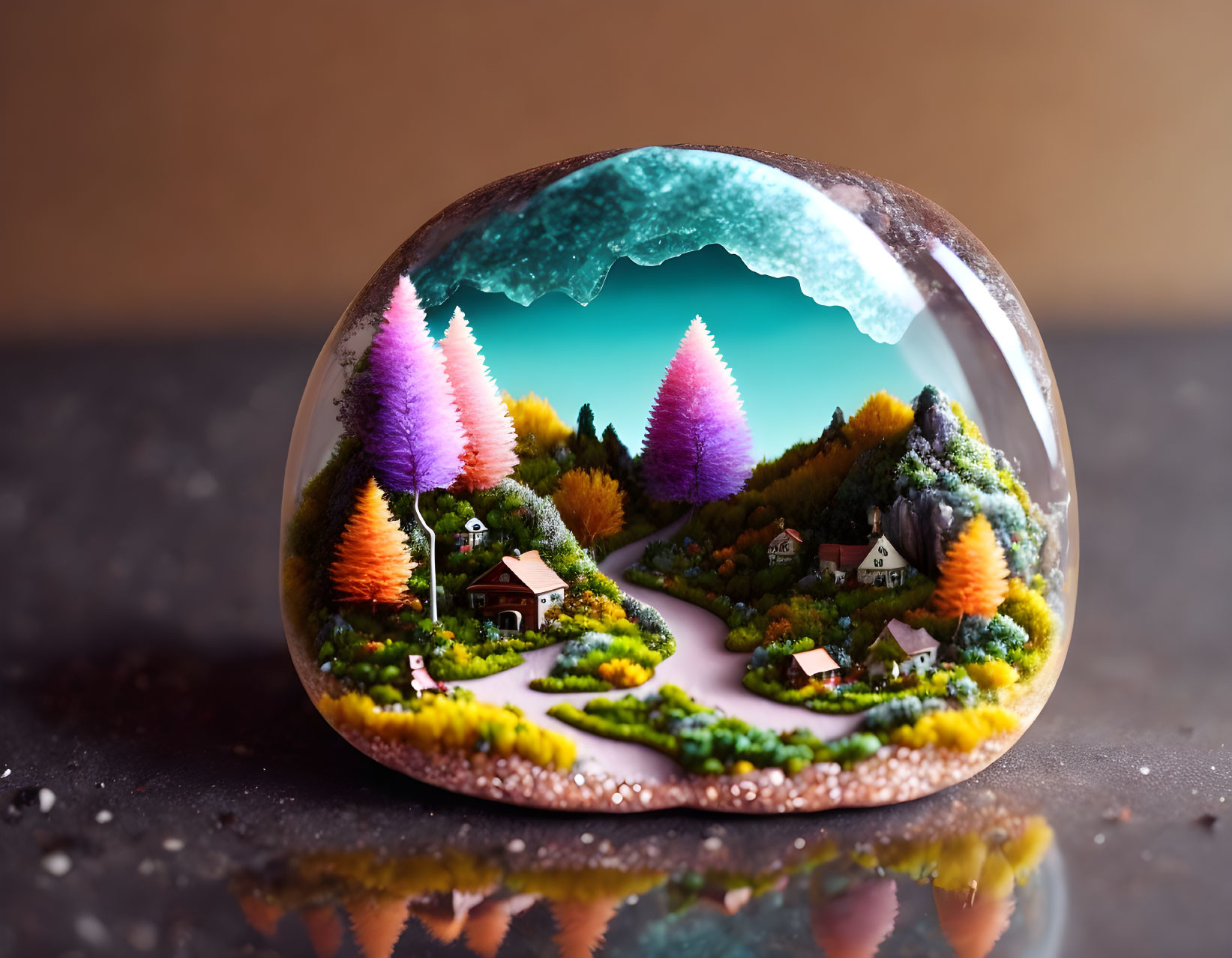 Colorful Trees, Houses, and Pathways in Glass Dome Paperweight