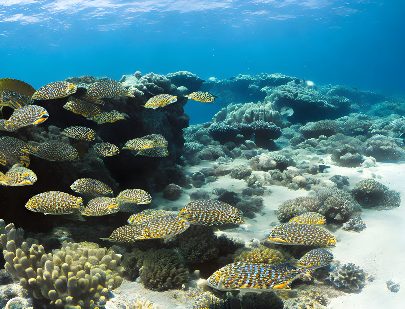 School of Spotted Yellow Fish Swimming Near Vibrant Coral Reef