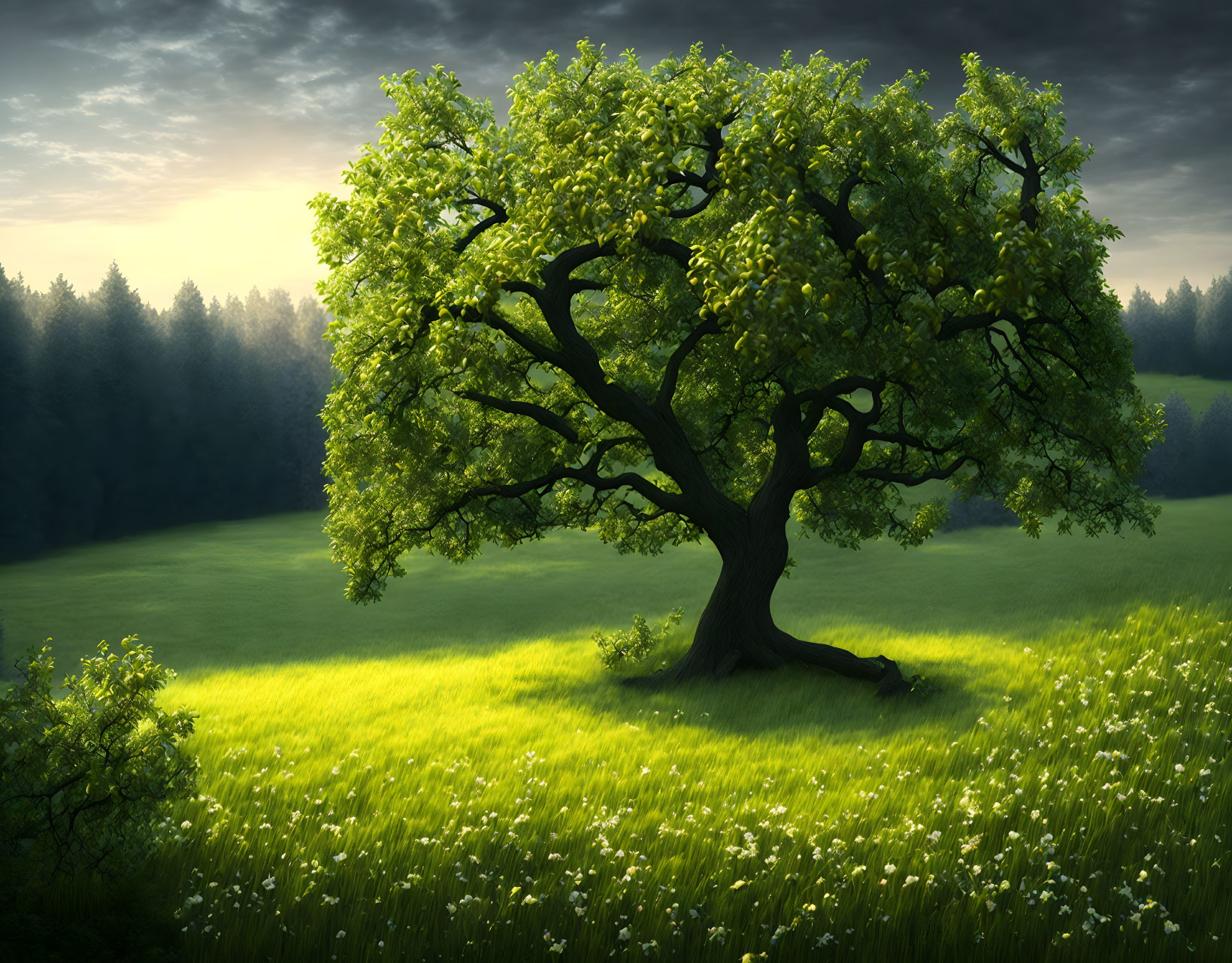 Sunlit meadow with lush green tree, flowers, dense forest backdrop, and clear sky