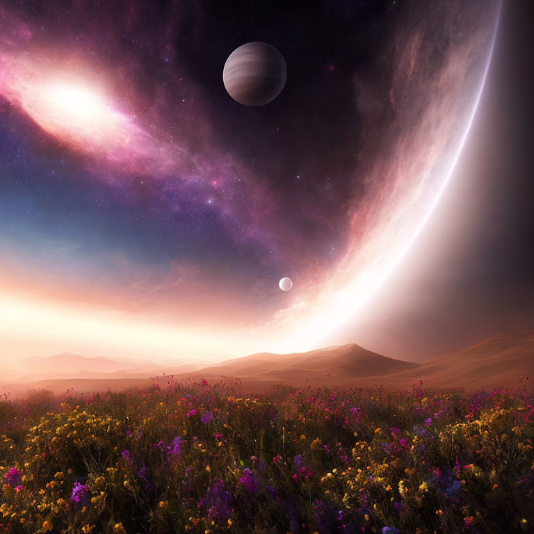 Colorful Flowers in Serene Landscape with Dramatic Sky & Crescent Planet