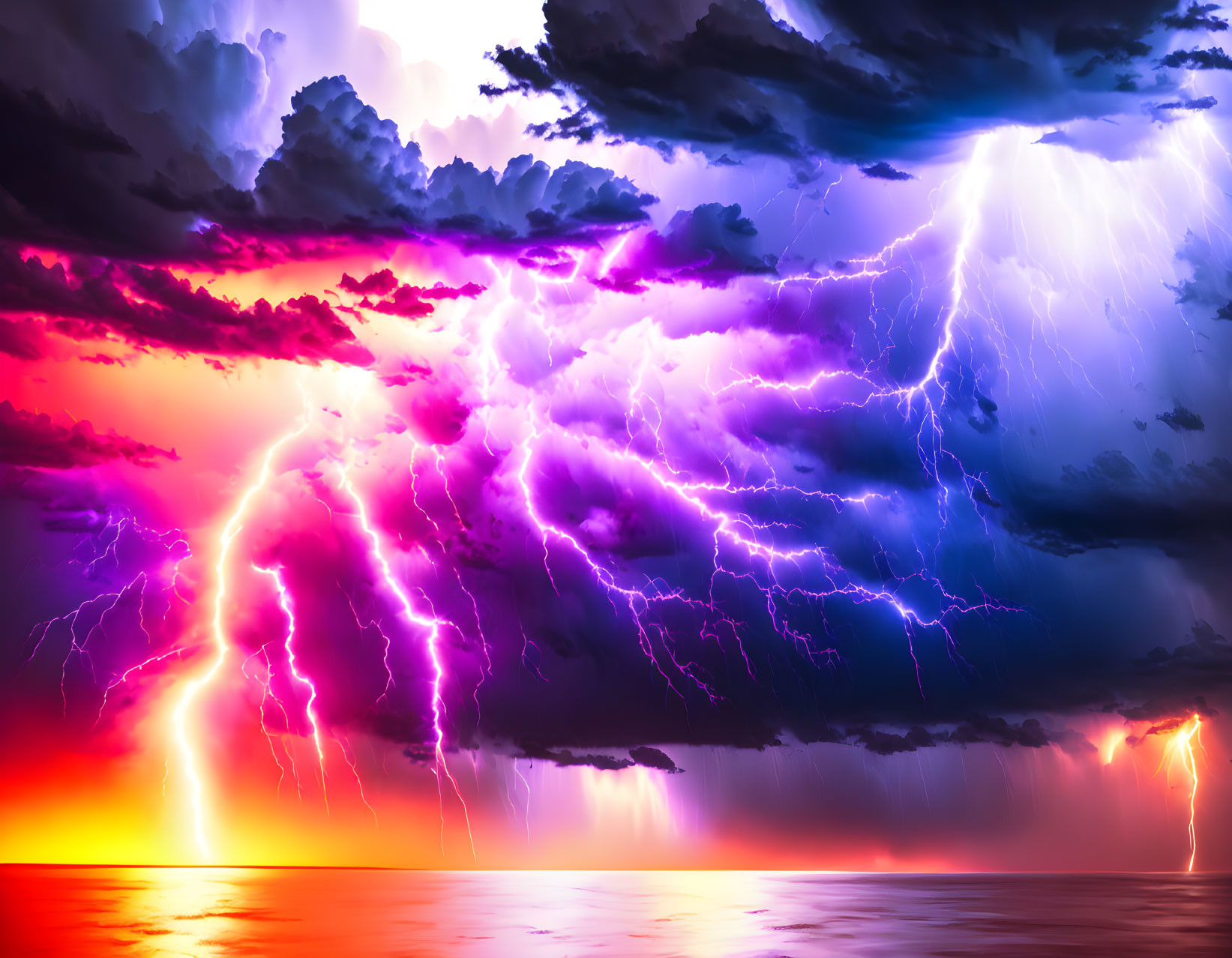 Thunderstorm over ocean with lightning strikes in purple and pink sky