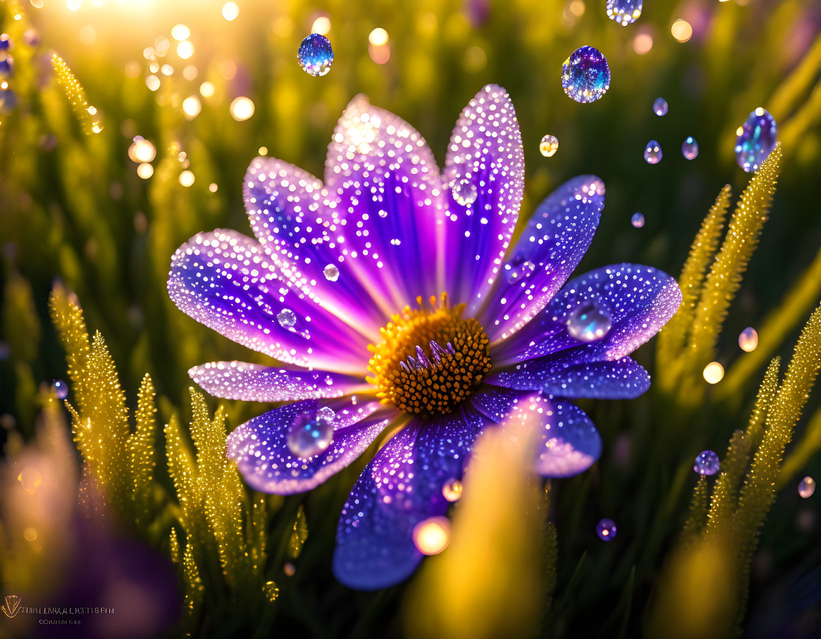 Vibrant Purple Flower with Dewdrops in Sunshine