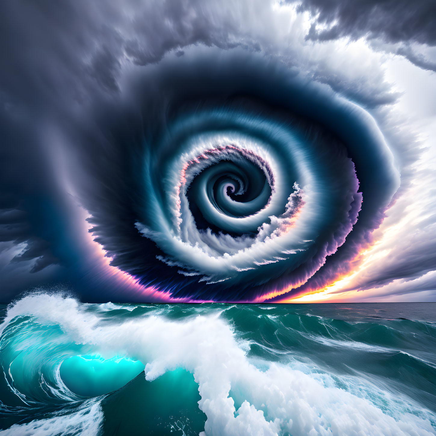 Surreal digital artwork: swirling clouds over ocean waves.