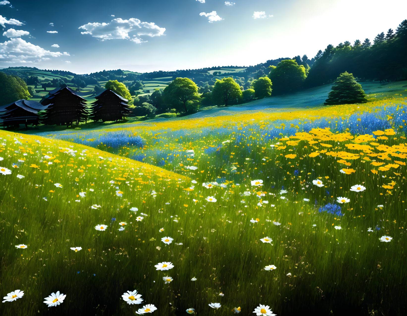 Scenic field with yellow and white wildflowers, green trees, wooden houses under blue sky