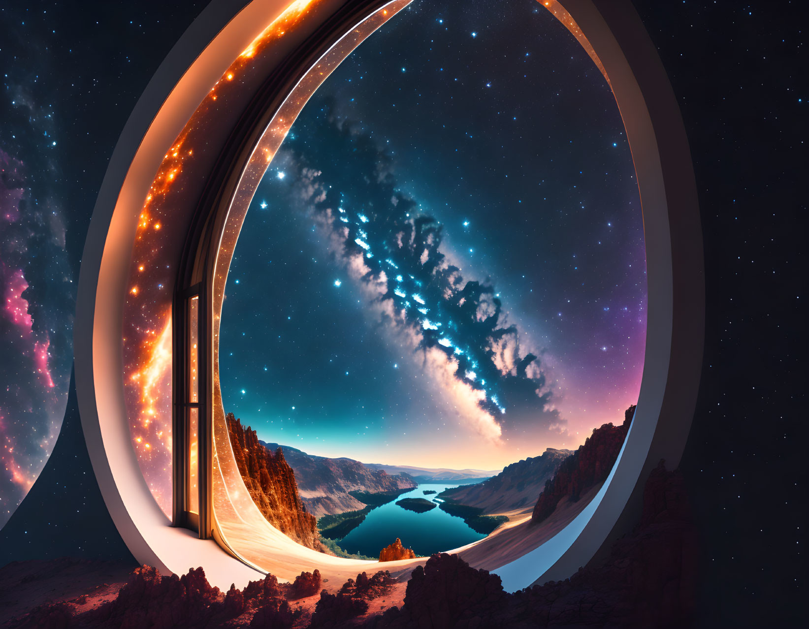 Circular Space Station Window with Mountainous Landscape and Starry Cosmos