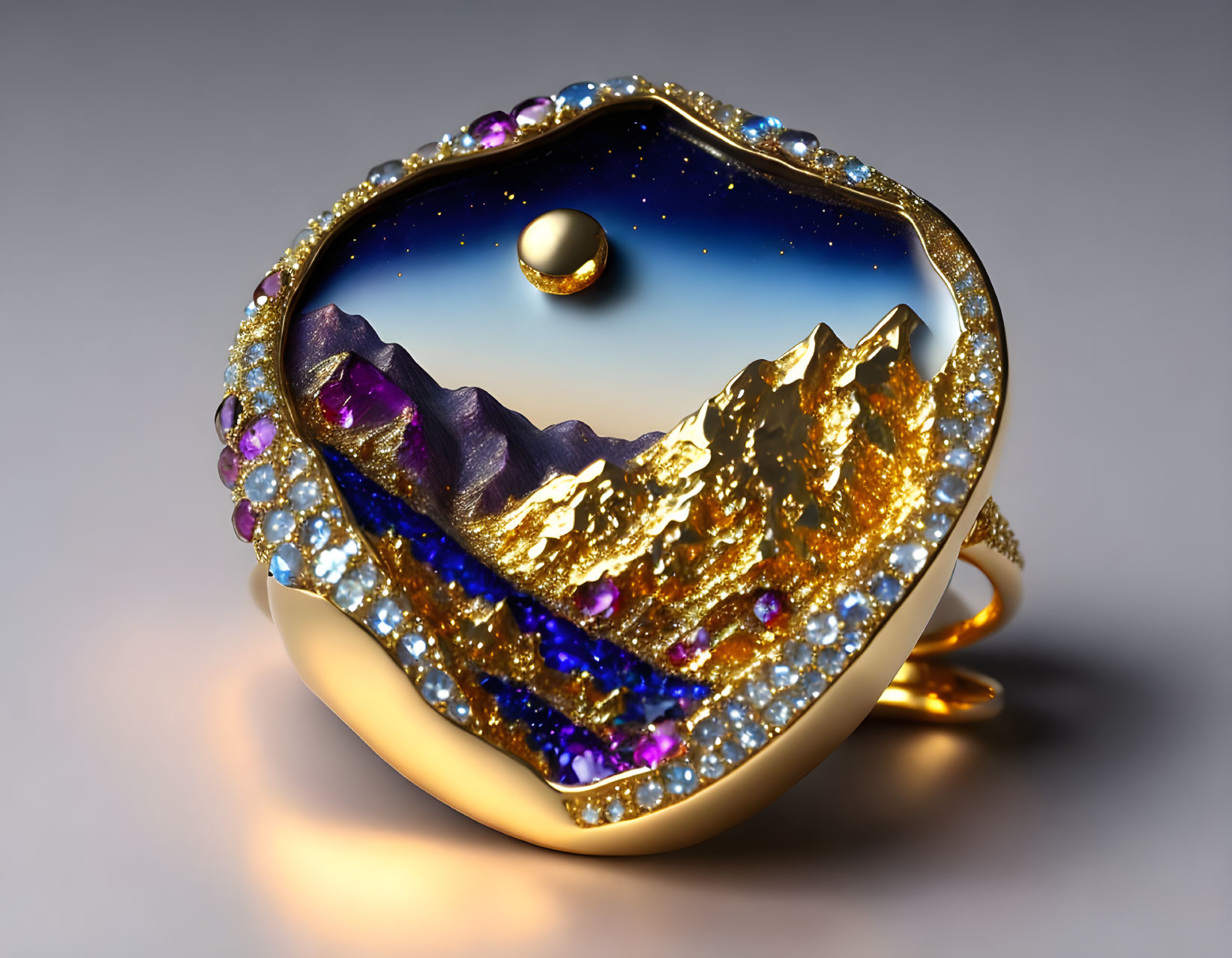 Mountain Landscape Night Sky Ring with Gemstones and Gold Finish