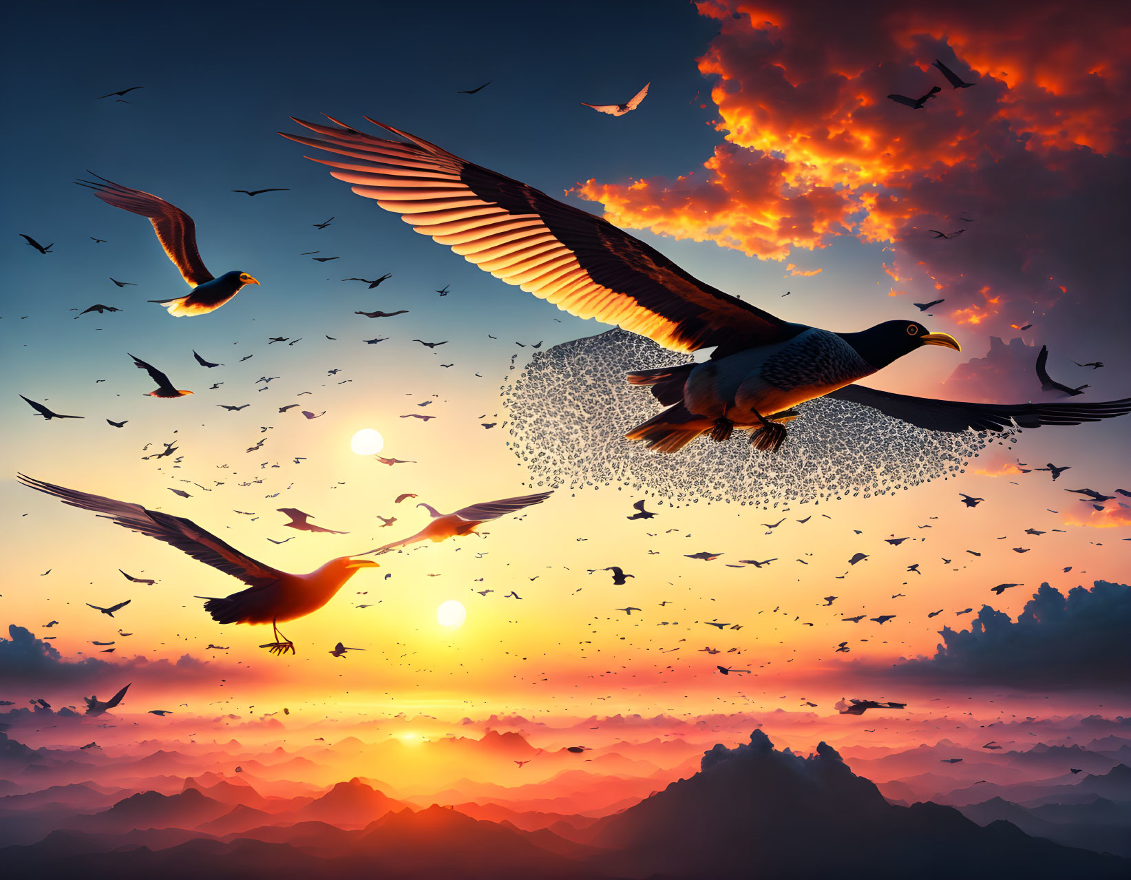 Birds flying in vibrant sunset sky over silhouetted mountains