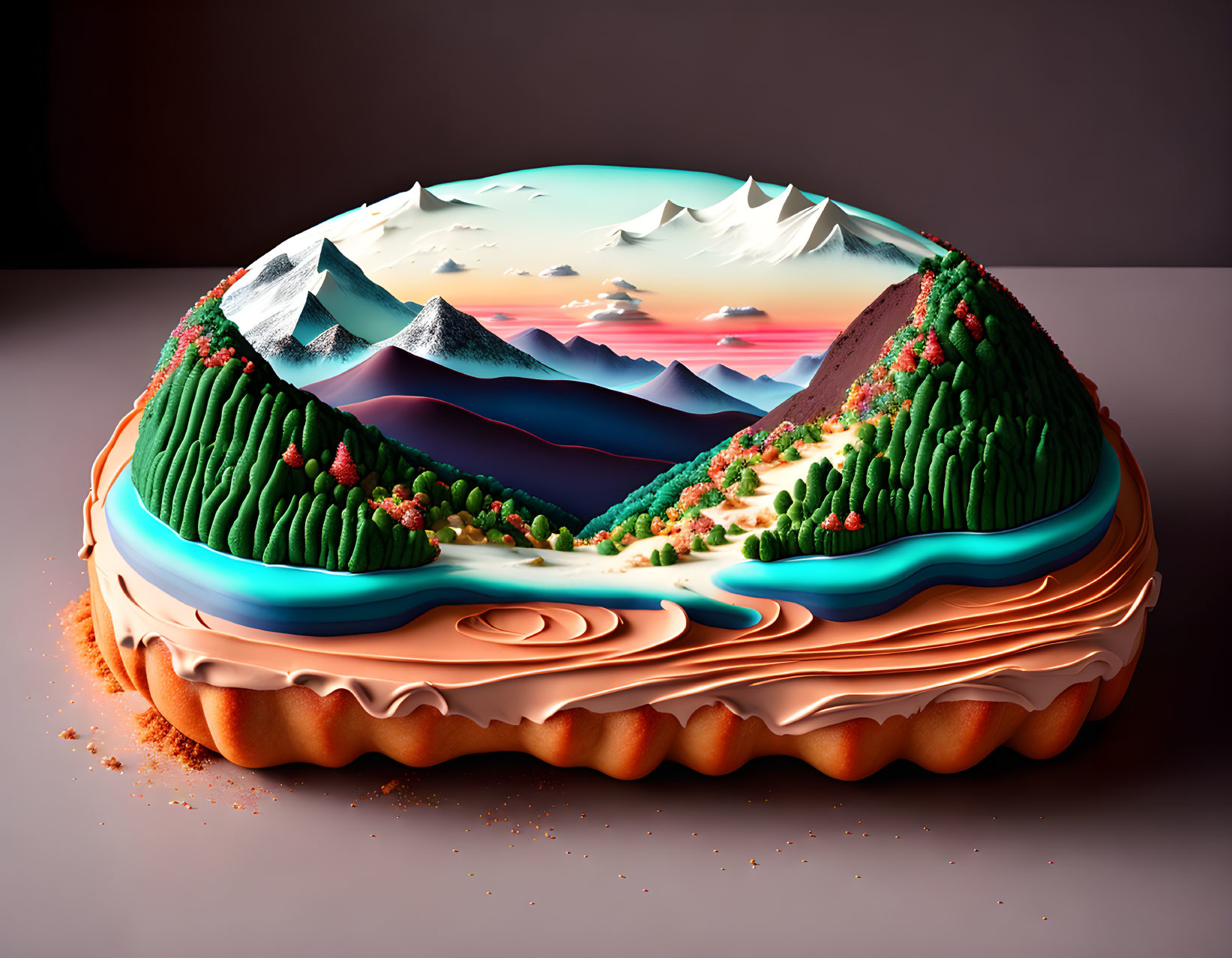 Surreal landscape pie with mountains, trees, lake, and colorful terrain