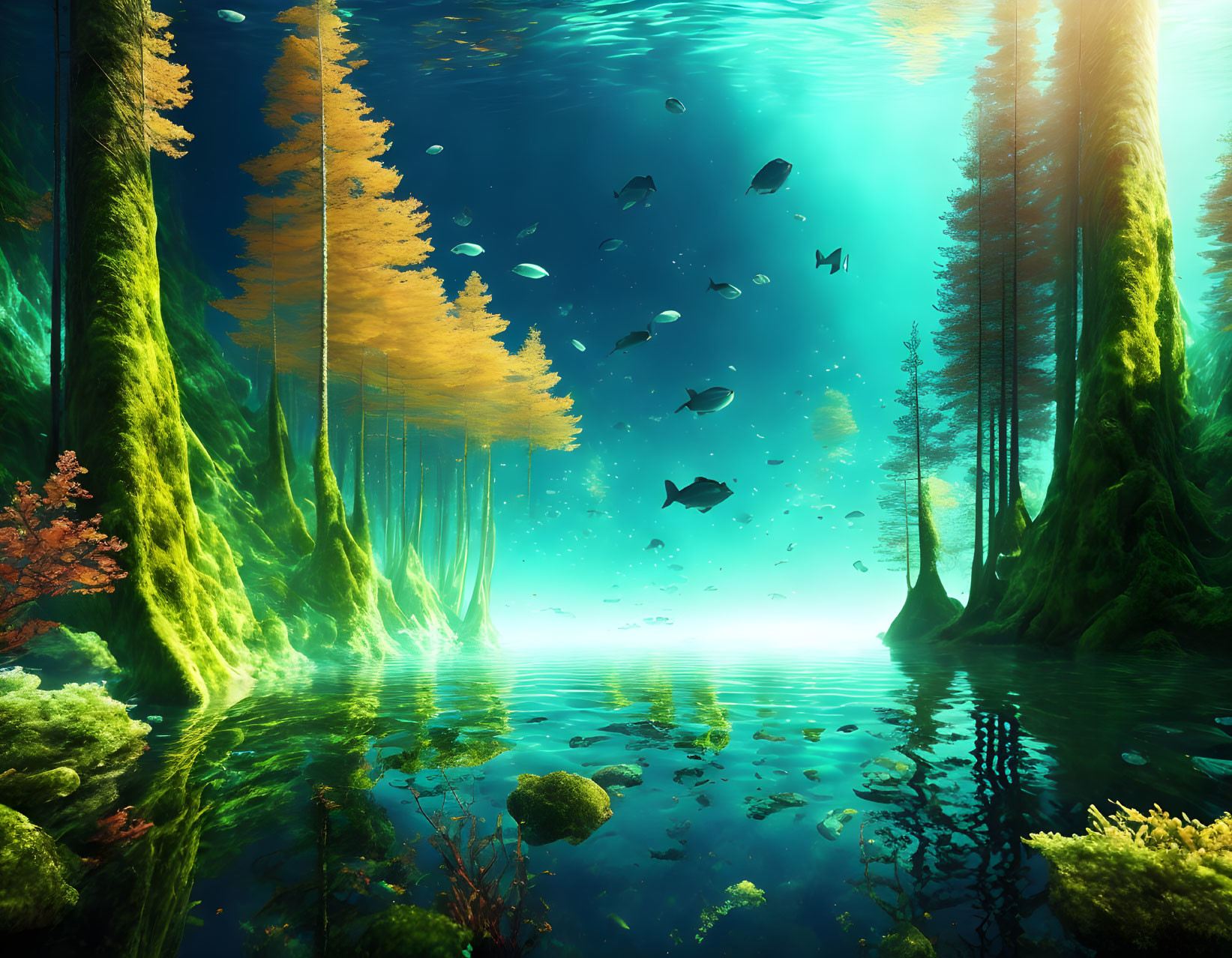 Sunlit underwater forest scene with fish and vibrant flora.